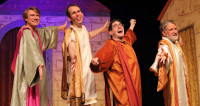 (left to right) Daniel Leahy, Andrew Buel, Ed Rutherford and Mark Anderson in MadKap's 'A Funny Thing Happened on the Way to the Forum' at Skokie Theatre.