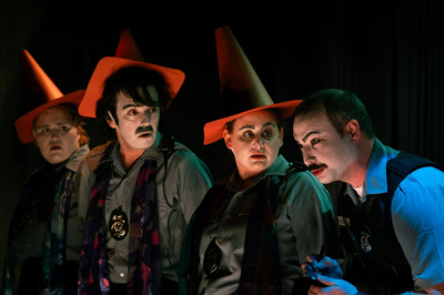 Cmdr. Macbeth confronts the three Witches (L to R) Emily Ruth, Jacob Reno, Eva Andrews, Travis Barnhart