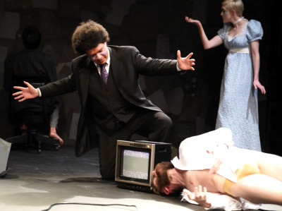 Dan Cobbler as the Curator, David Lovejoy as Galileo, and Genevieve Corkery as his daughter Virginia in Trap Door Theatre's "Galileo," running through June 14, 2025.