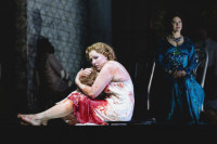 Jennifer Holloway as Salome (left) and Tanja Ariane Baumgartner as Herodias in Richard Strauss "Salome at the Lyric Opera of Chicago.