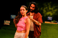 Jamie Herb is Becca and arsh Gagoomal is Mo in Jackalope Theatre Company's "Neighborhood Watch, running at the Broadway Armory in Chicago through June 28.