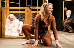 Gracie Wallace as Spider Woman, Richard Cotovsky as Old Man with Enormous Wings, and Heraldo Hermosillo as Son of the Husband and Wife in Andrei Kureichik's "The Man Who Fell with the Rain," in its U.S. premeire at Trap Door Theatre through September 26, 2026.