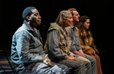 (left to right) Ensemble members Namir Smallwood, Amy Morton and Cliff Chamberlain with Sadieh Rifaiin Steppenwolf Theatre’s Chicago premiere of You Will Get Sick.